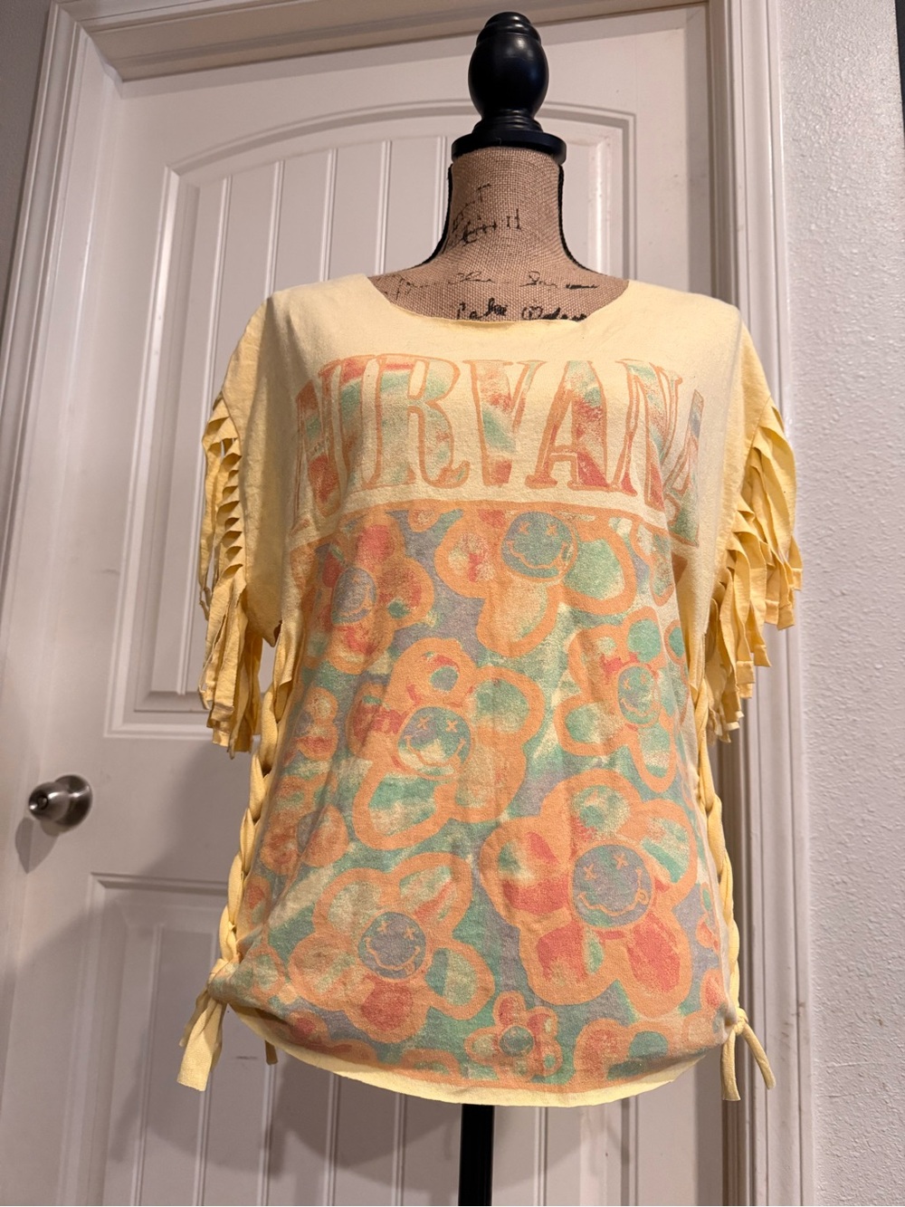 NIRVANA Yellow Floral Fringe Short-Sleeve Tee with Braided Sides